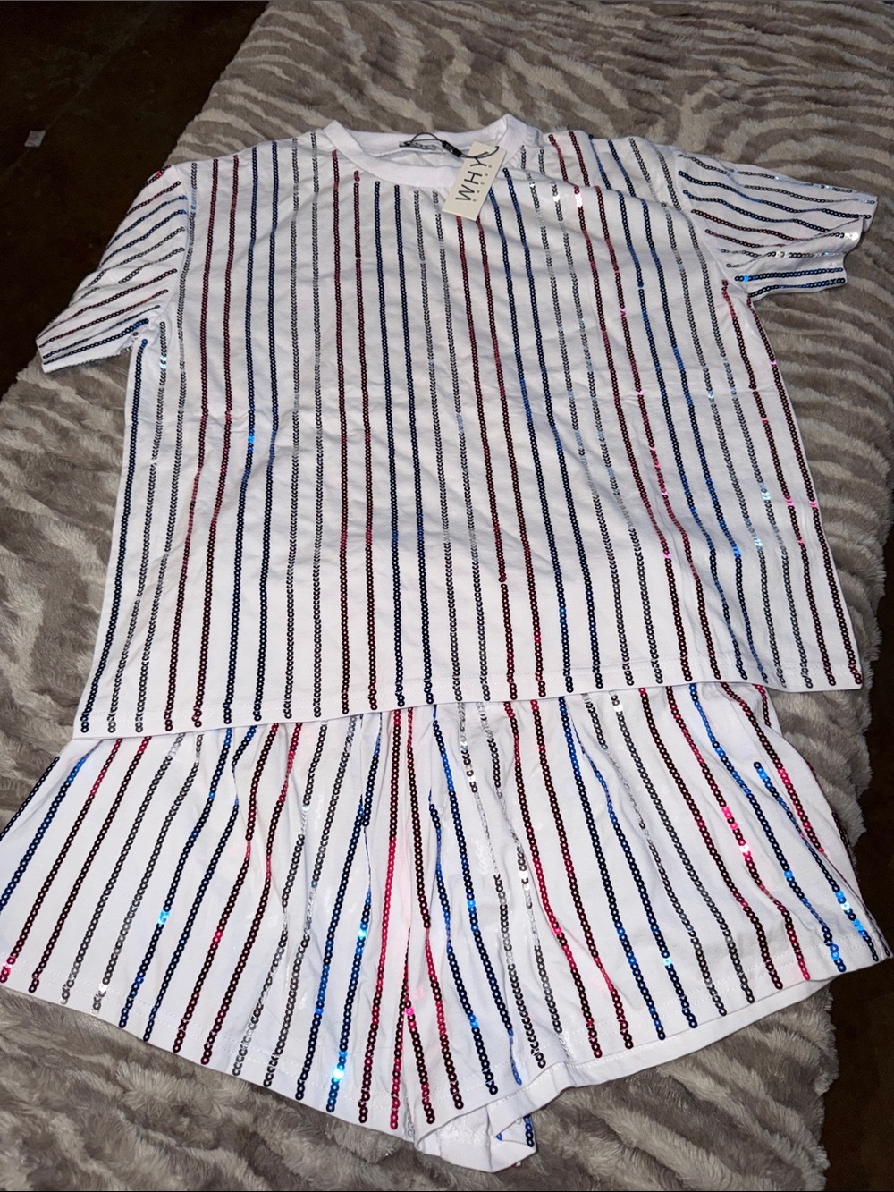 Women’s Sequin Stripe Women's Short Set - White with Red & Blue Stripes